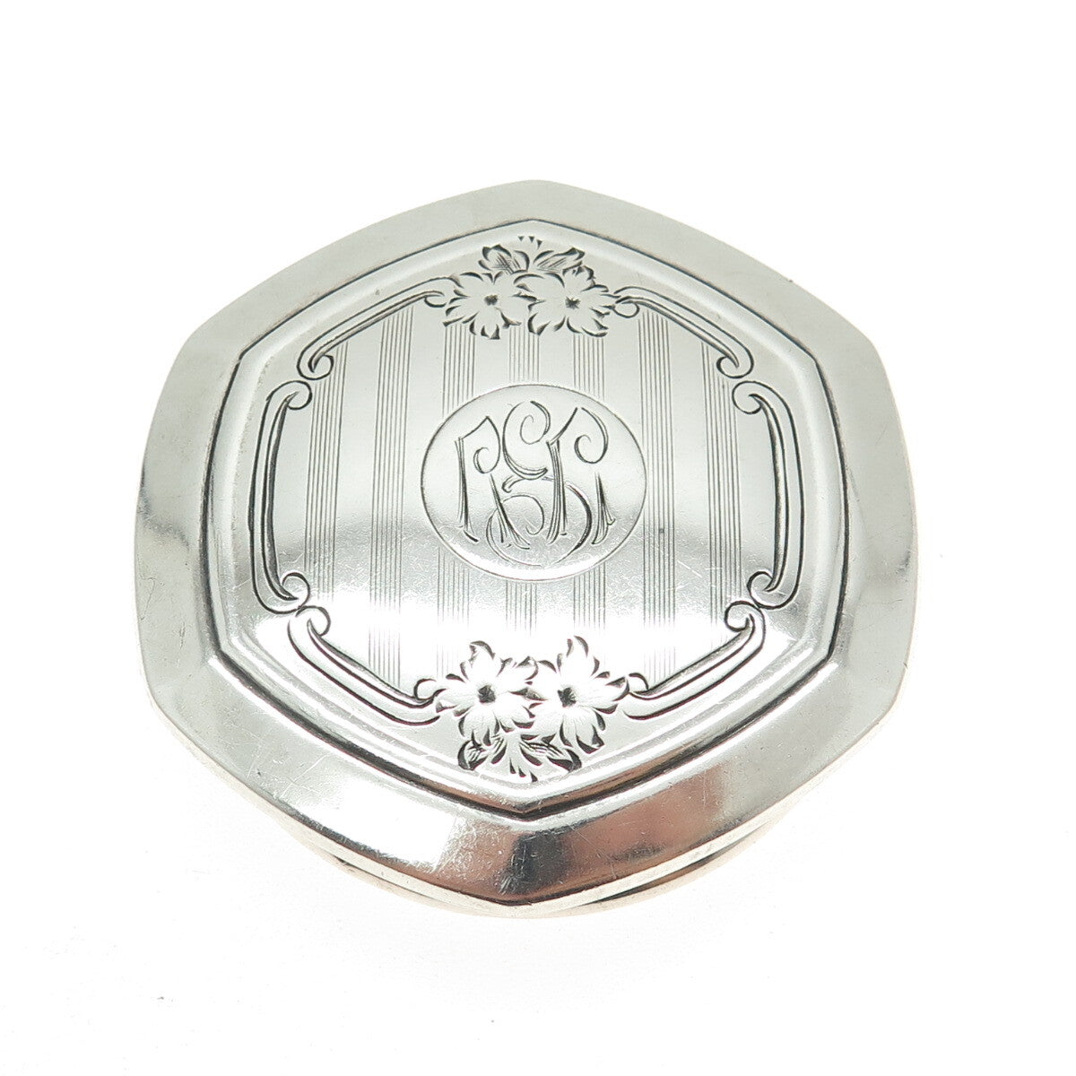 925 Sterling Silver Antique Art Deco Engraved Floral Flask / Jar Cap