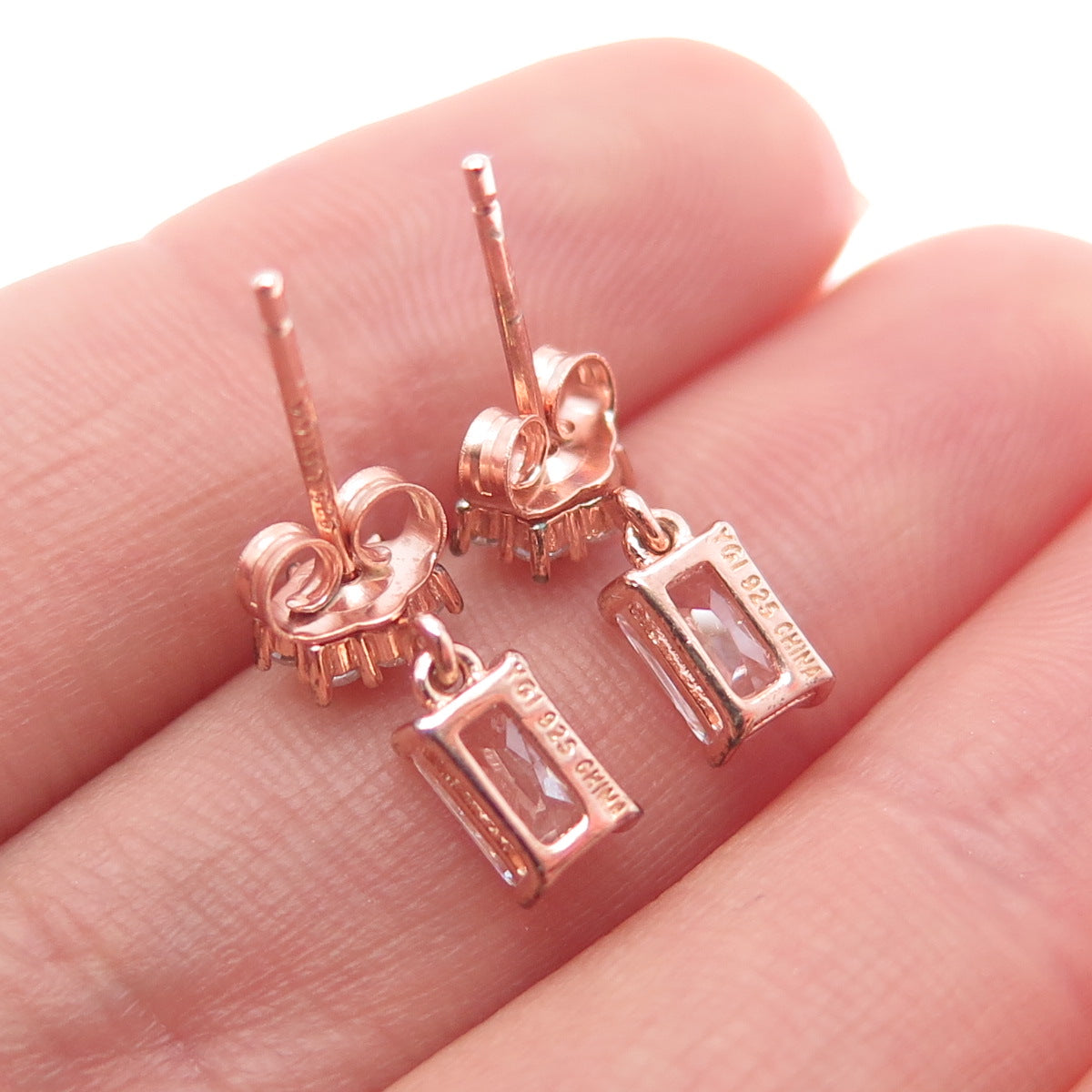 925 Sterling Silver Rose Gold Plated Radiant & Round-Cut C Z Dangle Earrings