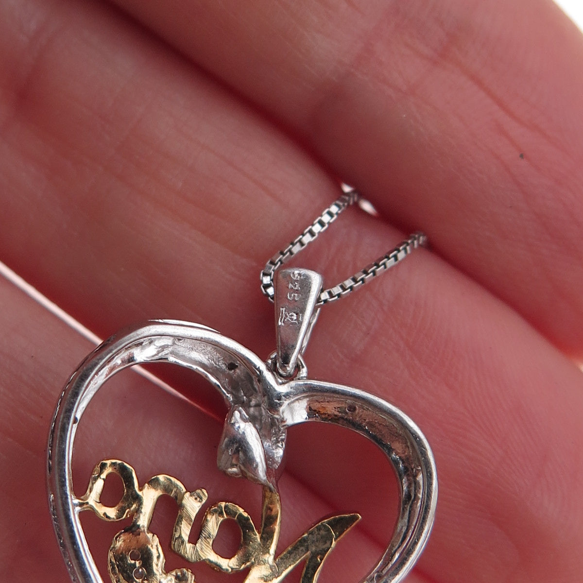925 Sterling Silver 2-Tone Real Diamond Nana Heart Box Chain Necklace 18"