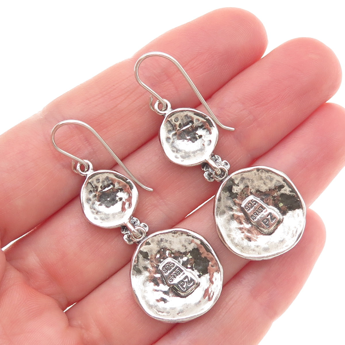 Or Paz PZ 925 Sterling Silver Vintage Israel Hammered Oxidized Dangle Earrings