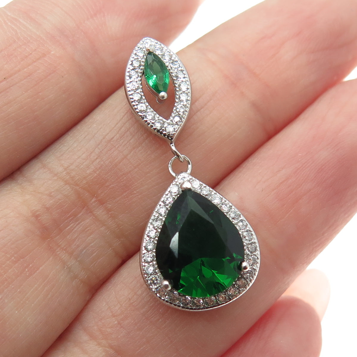 925 Sterling Silver Real Peridot Gemstone & C Z Teardrop Pendant