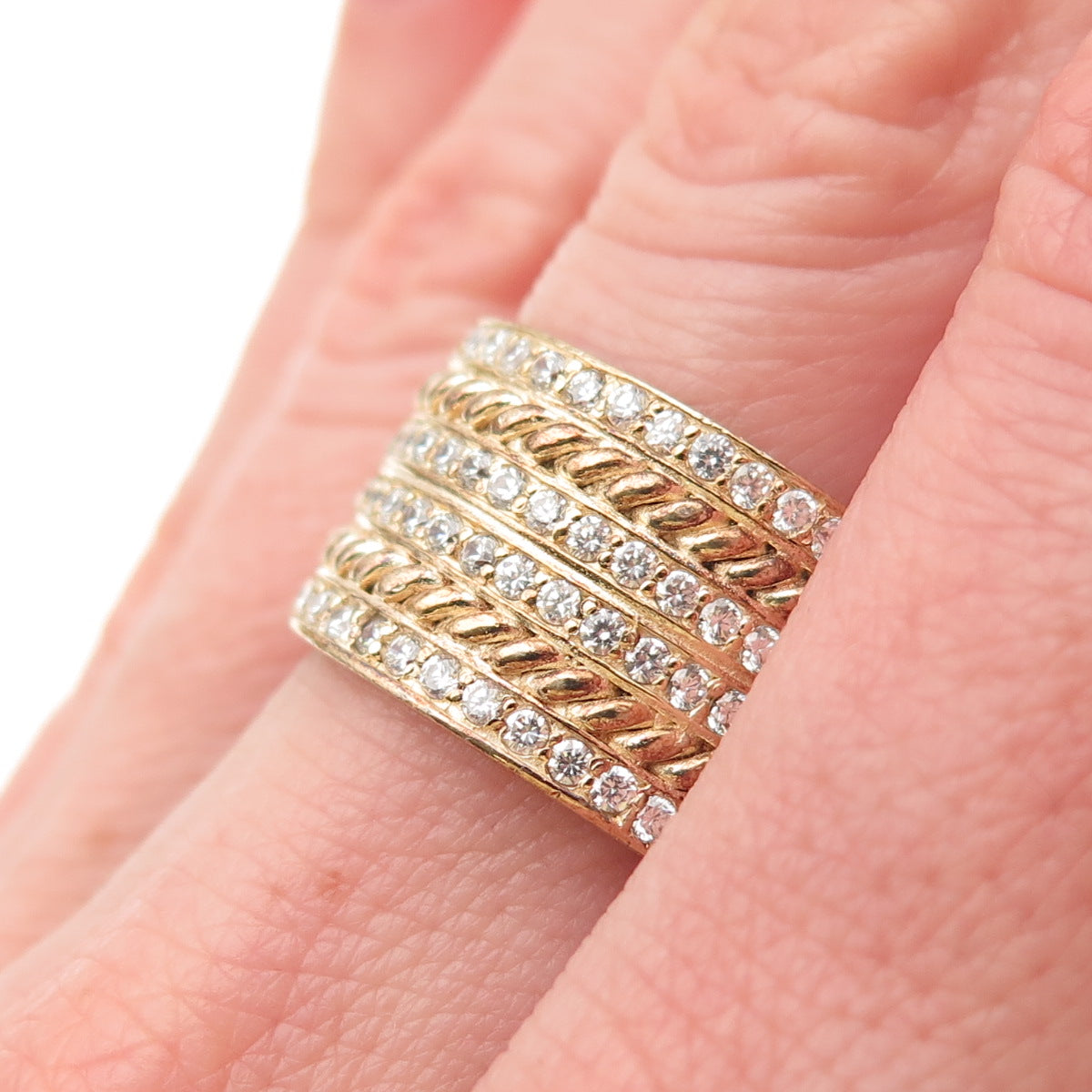 SONIA B. 925 Sterling Silver Gold Plated Round-Cut C Z Wide Band Ring Size 7.5