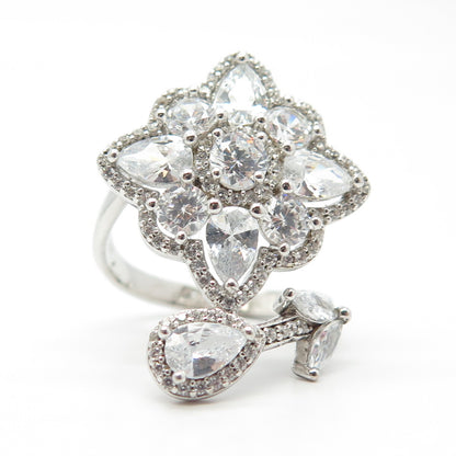 925 Sterling Silver Pave C Z Floral Overlap Ring Size 7.5