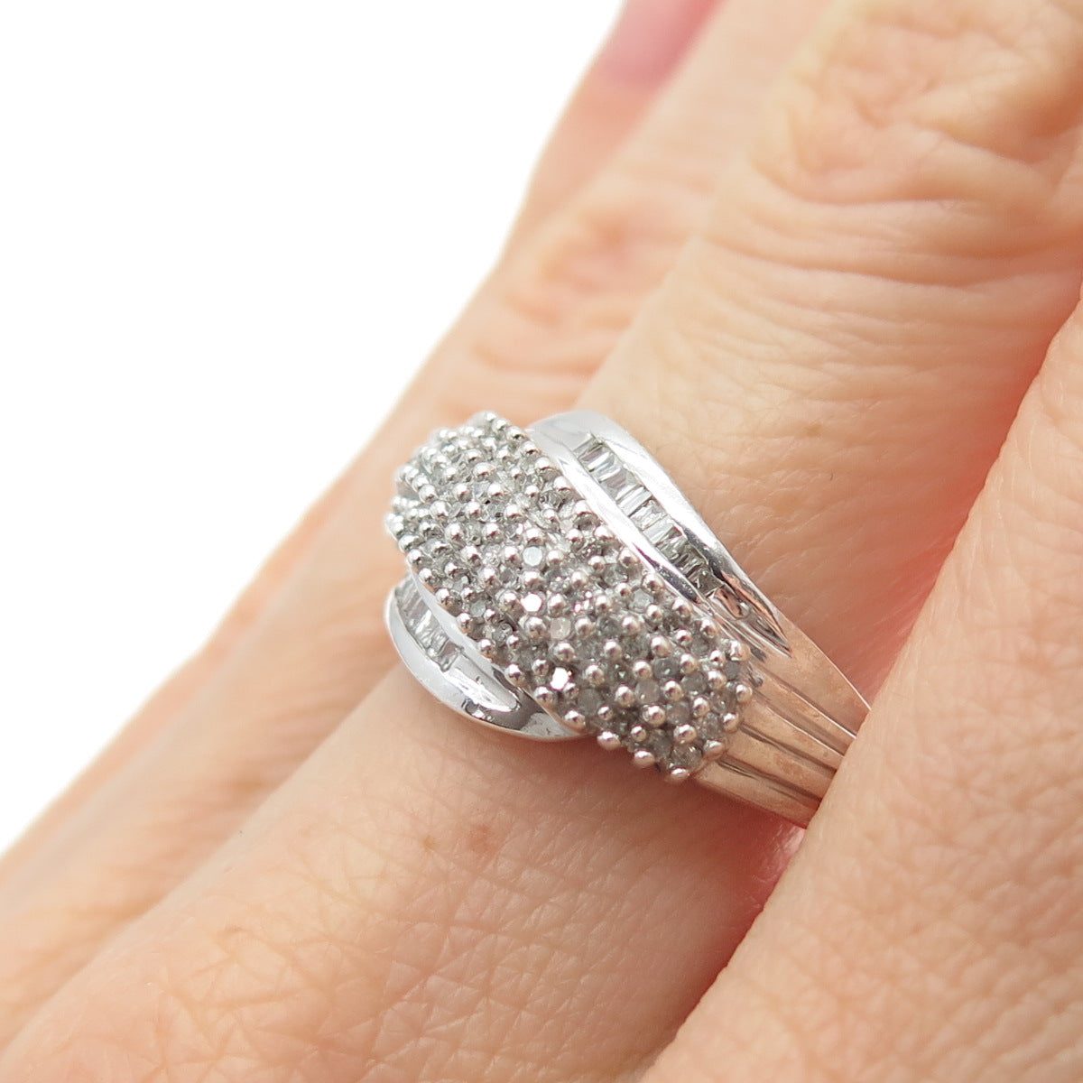 925 Sterling Silver Real Round & Tapered Baguette-Cut Diamond Wavy Ring Size 7