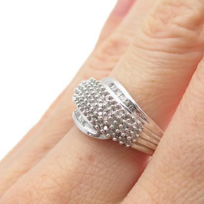 925 Sterling Silver Real Round & Tapered Baguette-Cut Diamond Wavy Ring Size 7