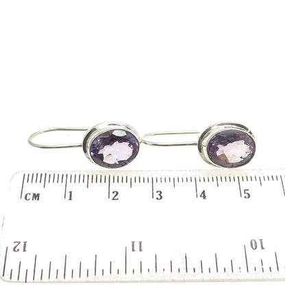 925 Sterling Silver Vintage Real Oval-Cut Amethyst French Wire Earrings