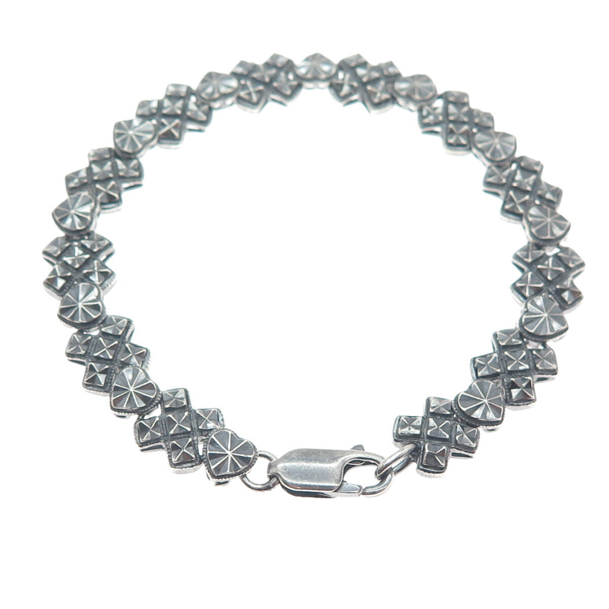 BEVERLY HILLS 925 Sterling Silver Vintage Diamond-Cut Heart Oxidized Bracelet 7"