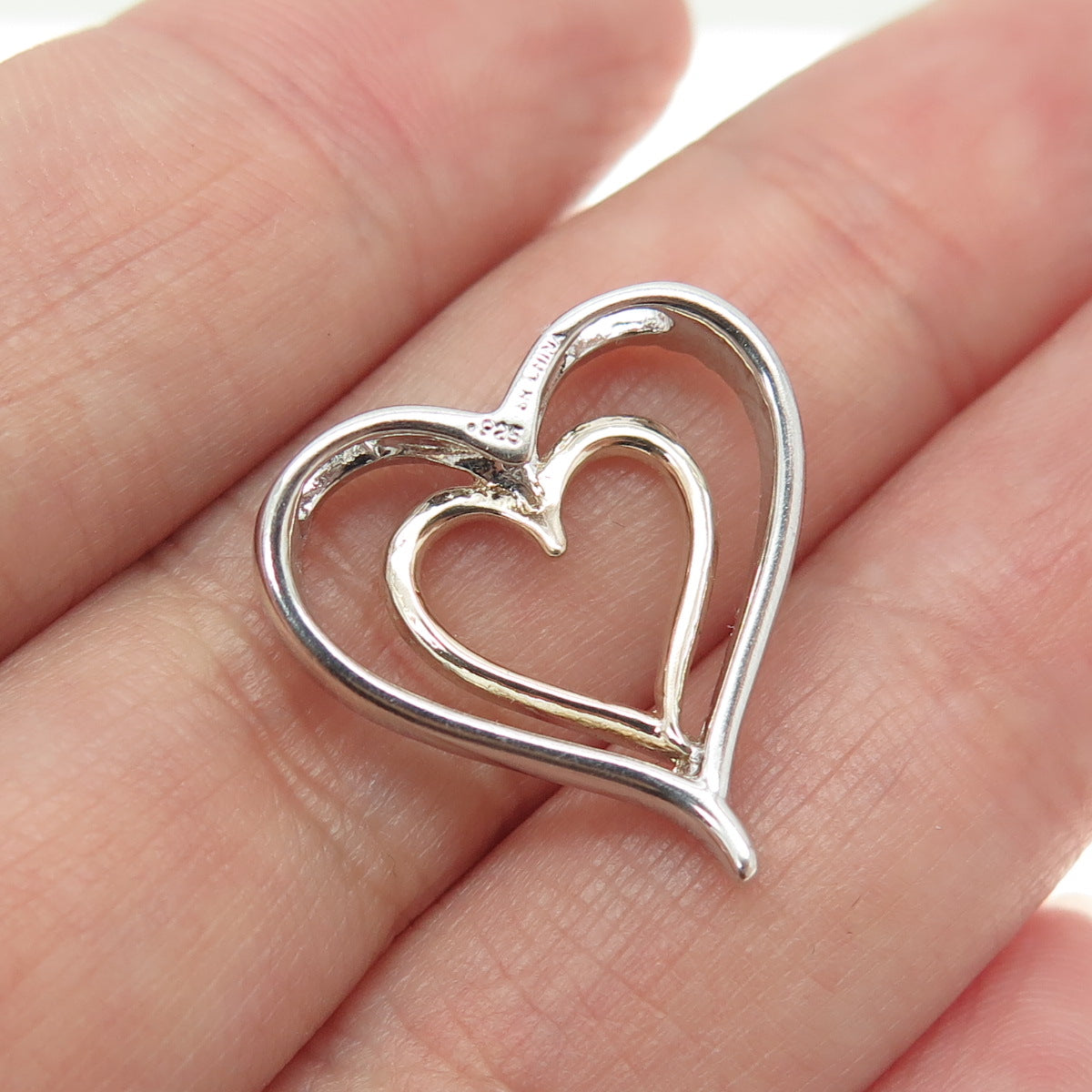 925 Sterling Silver 2-Tone Real Round-Cut Diamond Heart Slide Pendant