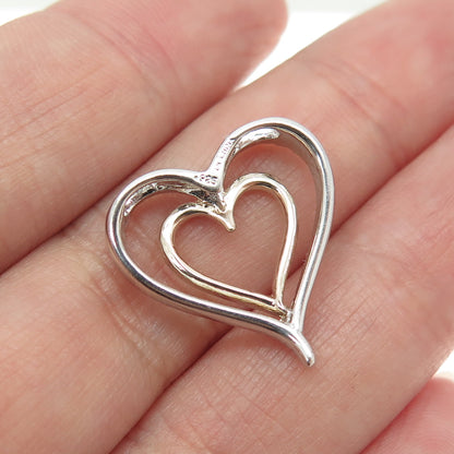 925 Sterling Silver 2-Tone Real Round-Cut Diamond Heart Slide Pendant