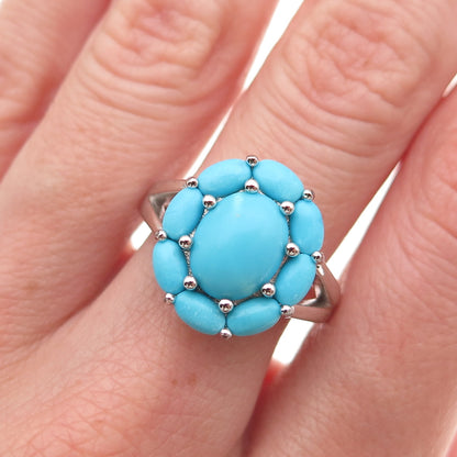 925 Sterling Silver Real Sleeping Beauty Turquoise Floral Ring Size 8