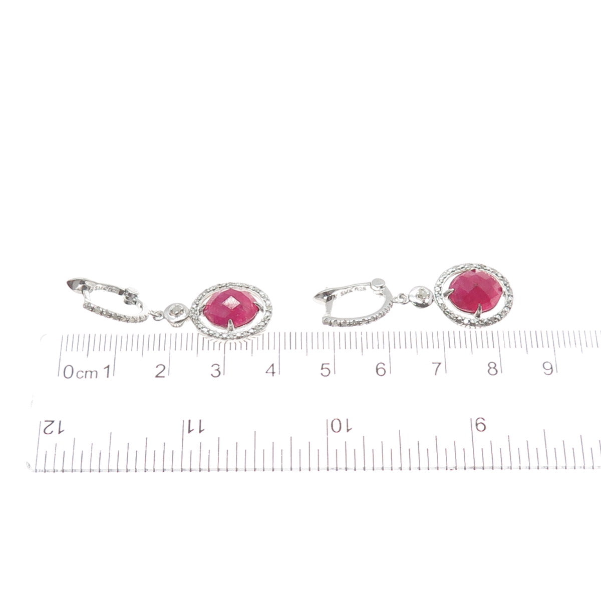 925 Sterling Silver Real Diamond & Oval-Cut Ruby Dangle Earrings