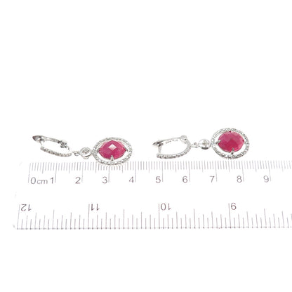 925 Sterling Silver Real Diamond & Oval-Cut Ruby Dangle Earrings