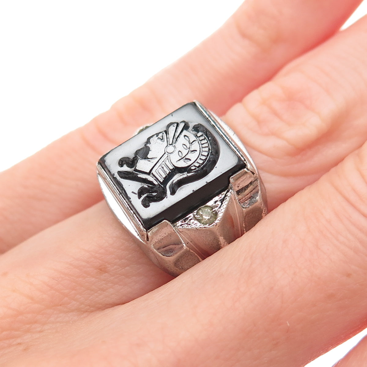 Clark & Coombs Sterling Antique Hematite Rhinestone Roman Warrior Ring Size 4.5