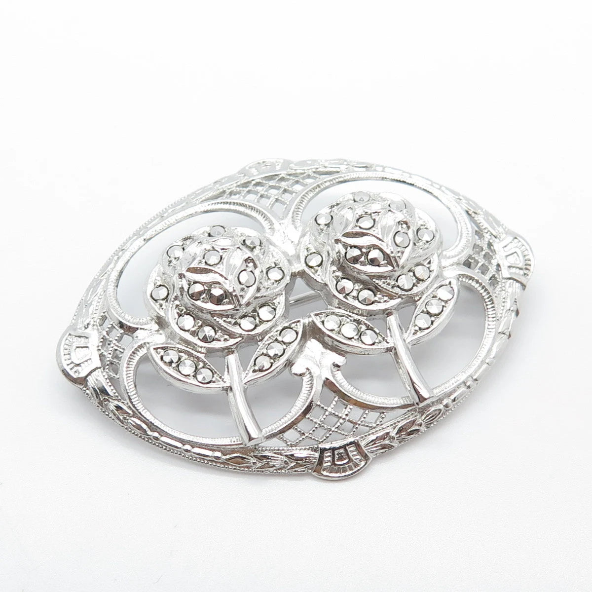925 Sterling Silver Antique Real Marcasite Gemstone Rose Floral Pin Brooch
