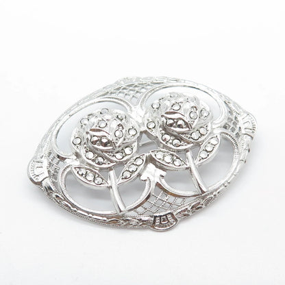 925 Sterling Silver Antique Real Marcasite Gemstone Rose Floral Pin Brooch