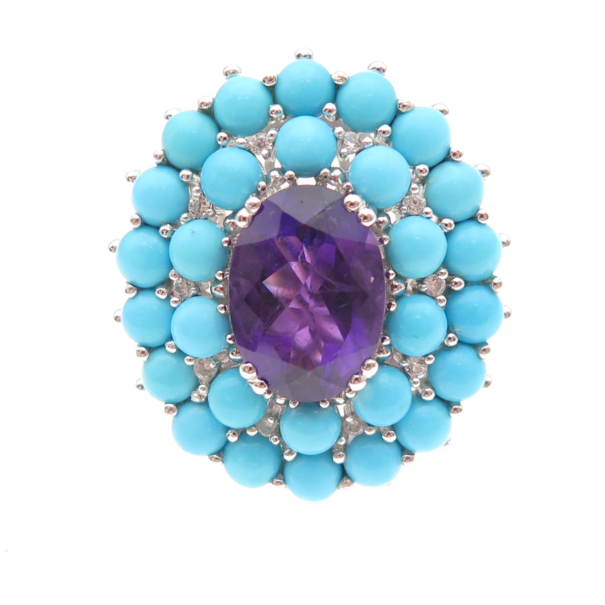 925 Sterling Silver Real Turquoise Amethyst & White Topaz Ring Size 8