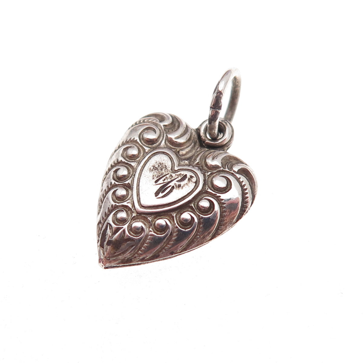 925 Sterling Silver Antique Art Deco Engraved Heart Chatelaine Charm Pendant