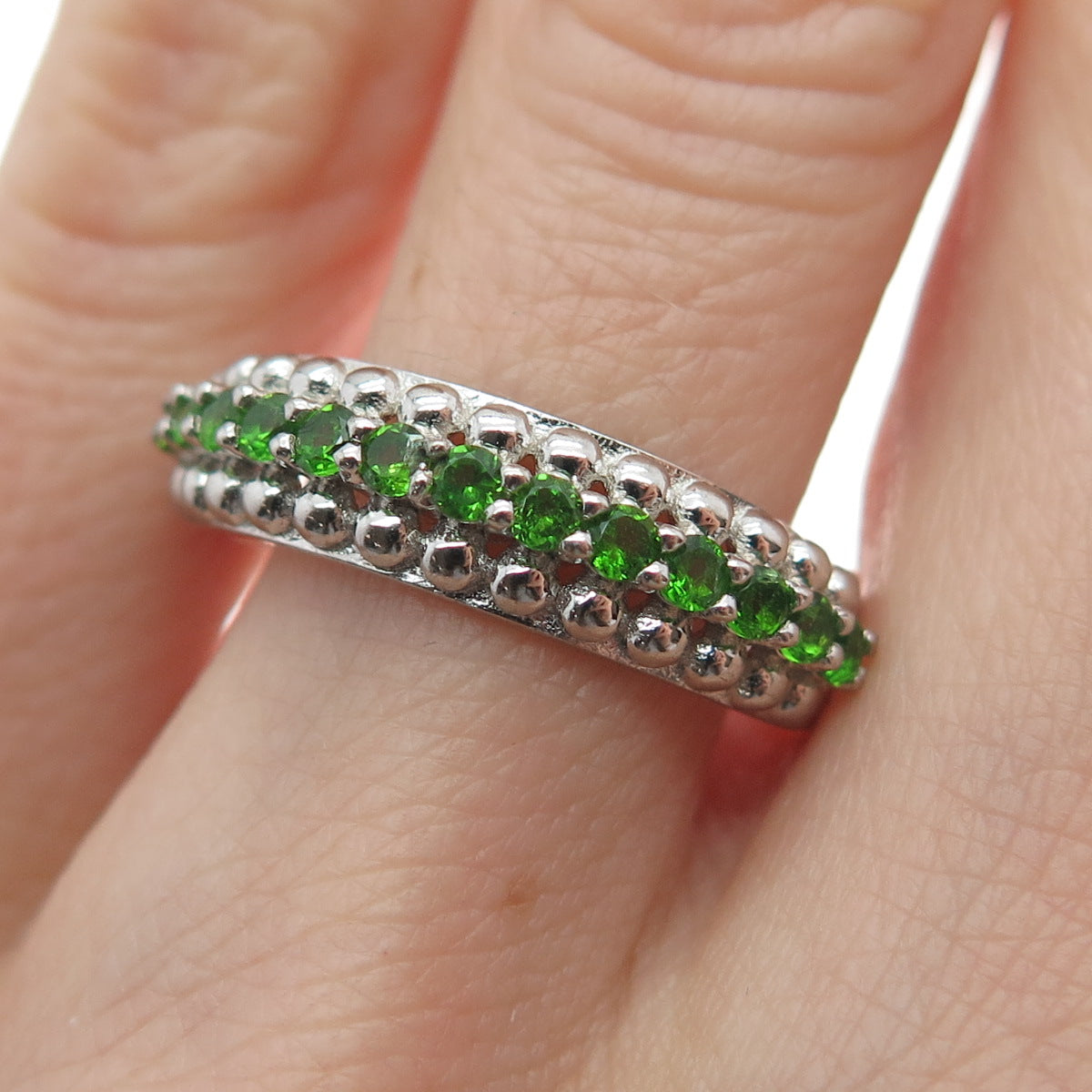 925 Sterling Silver Real Round-Cut Peridot Beaded Ring Size 7.5