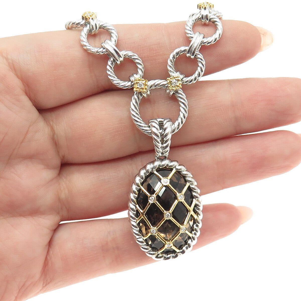 DANWAK 18K Gold Sterling 7-Diamond 0.07ct & Smoky Quartz 17.27ct Necklace 16"