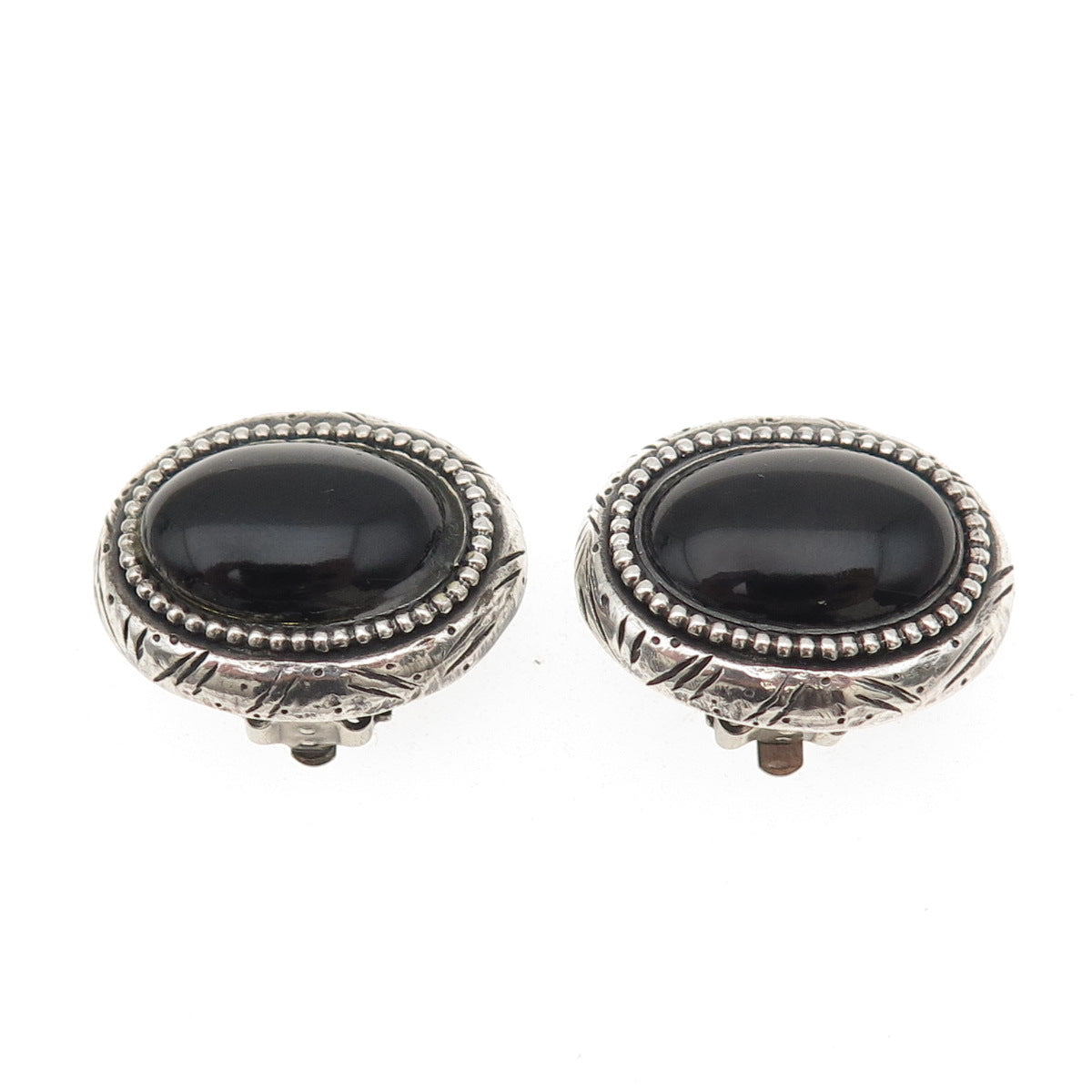 NR NANCY & RISE 925 Sterling Silver Vintage Real Black Onyx Clip On Earrings