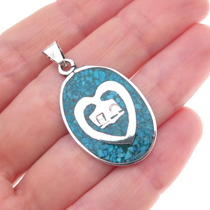 925 Sterling Silver Vintage Real Turquoise Inlay Heart Charm Pendant
