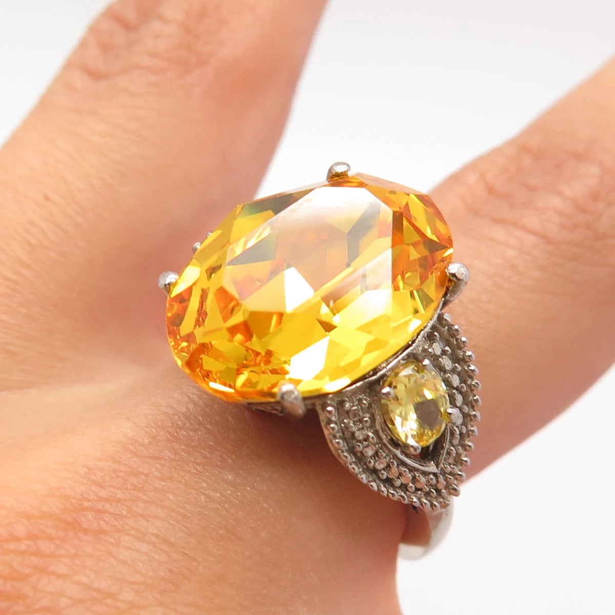 925 Sterling Silver Vintage Imperial Rhinestone & Yellow C Z Ring Size 7