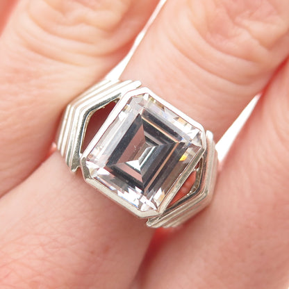 925 Sterling Silver Vintage Emerald-Cut C Z Modernist Ring Size 7.75