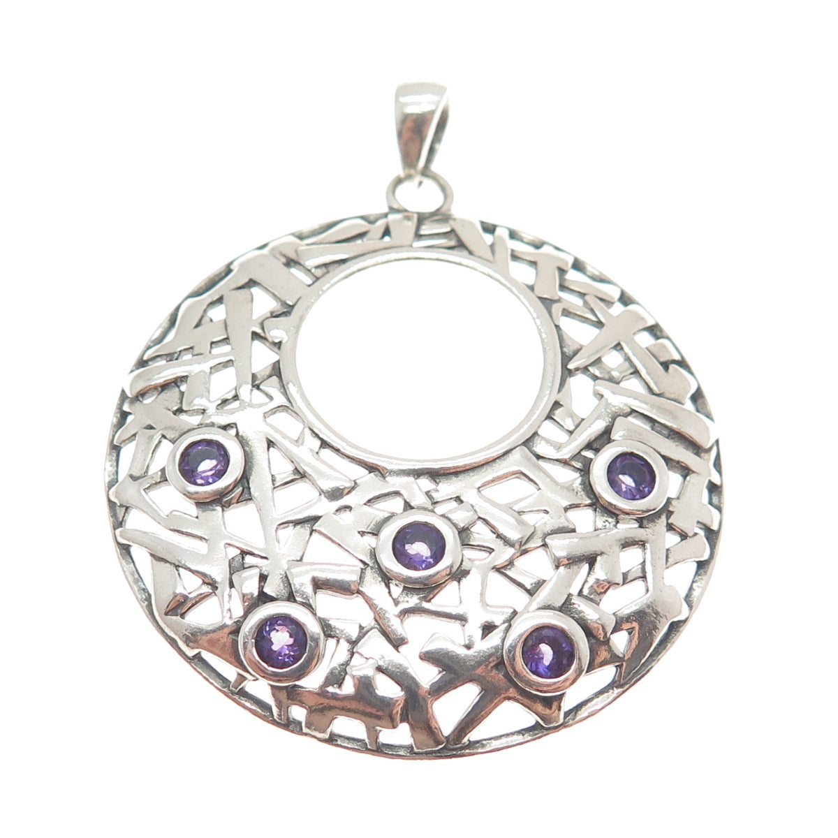 OR PAZ 925 Sterling Silver Vintage Israel Amethyst Ornate Crescent Disc Pendant