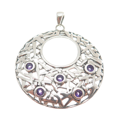 OR PAZ 925 Sterling Silver Vintage Israel Amethyst Ornate Crescent Disc Pendant