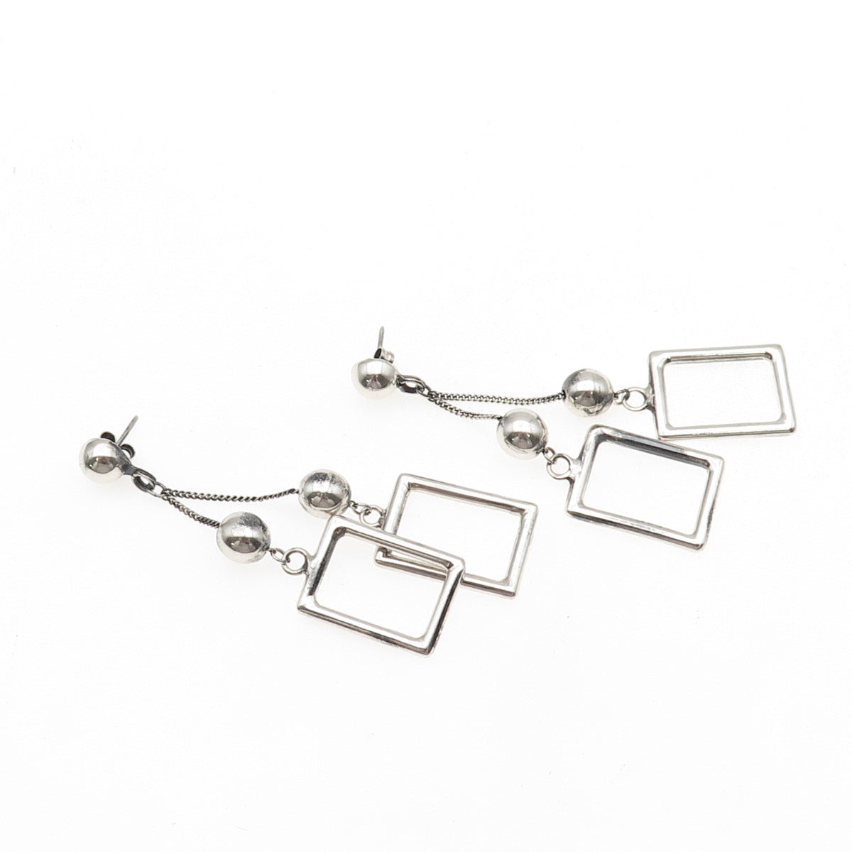 925 Sterling Silver Vintage Modernist Ball Beaded Frame Dangle Earrings