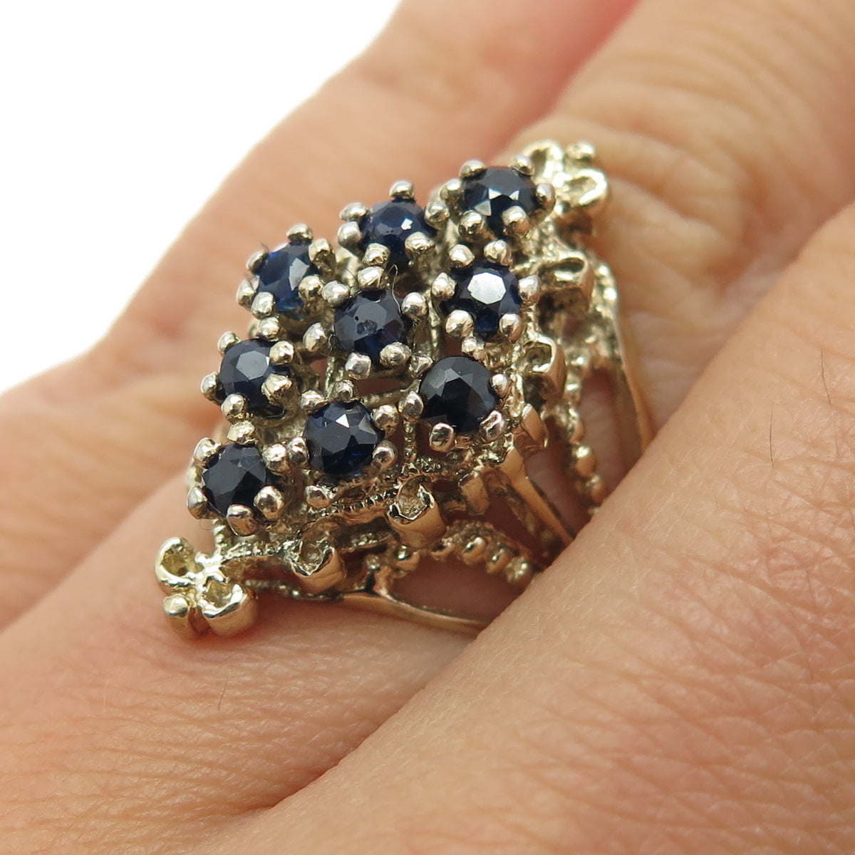 925 Sterling Silver Gold Plated Vintage Real Round-Cut Sapphire Ring Size 5.5