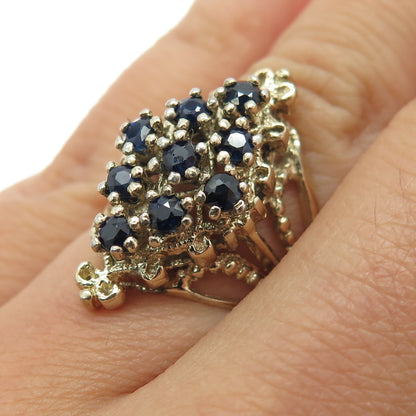 925 Sterling Silver Gold Plated Vintage Real Round-Cut Sapphire Ring Size 5.5