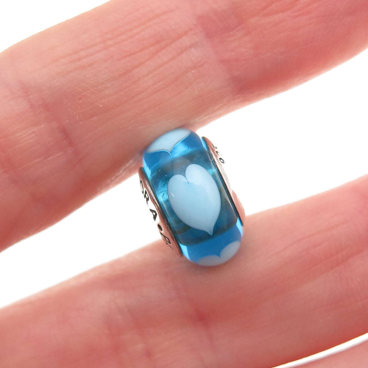Pandora 925 Sterling Silver Blue Murano Glass Heart Slide Bead Charm