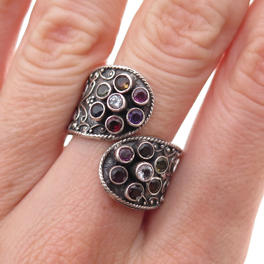925 Sterling Silver Vintage Real Multi-Color Gem Floral Adjustable Ring Size 8