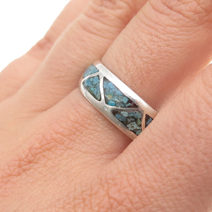 Old Pawn 925 Sterling Silver Vintage Turquoise Inlay Tribal Band Ring Size 12.25