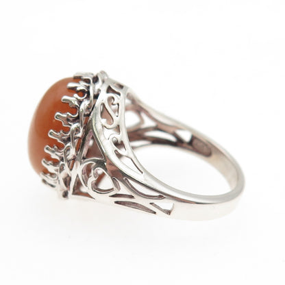 925 Sterling Silver Vintage Real Peach Aventurine Crown Heart Ring Size 8