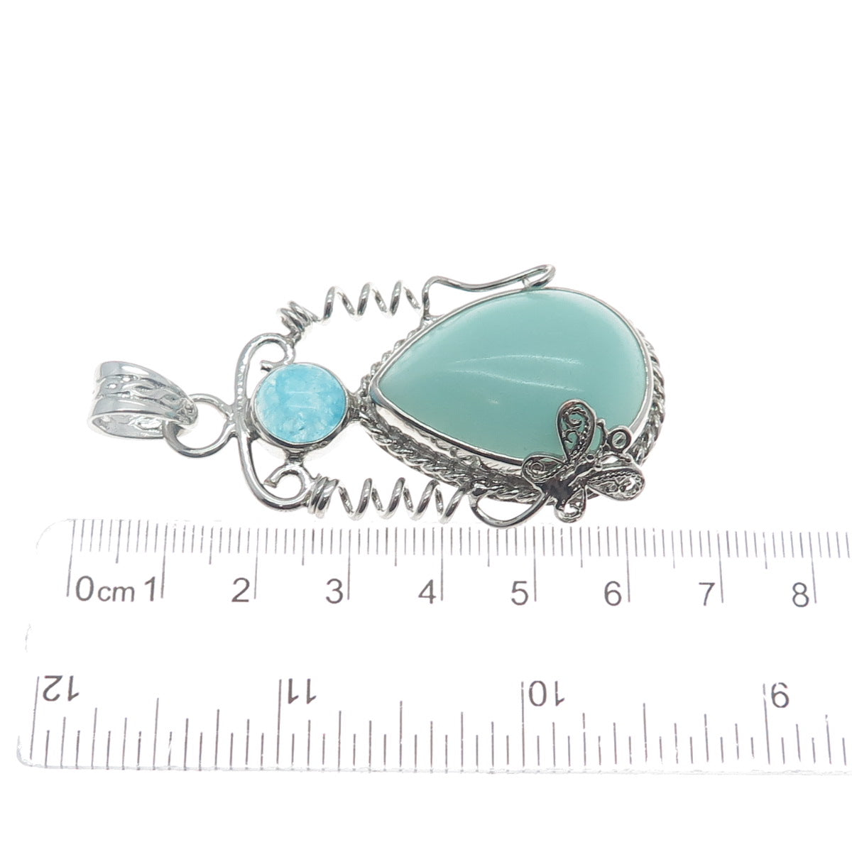 925 Sterling Silver Vintage Real Larimar Blue Quartz Butterfly Teardrop Pendant