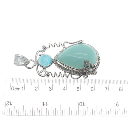 925 Sterling Silver Vintage Real Larimar Blue Quartz Butterfly Teardrop Pendant