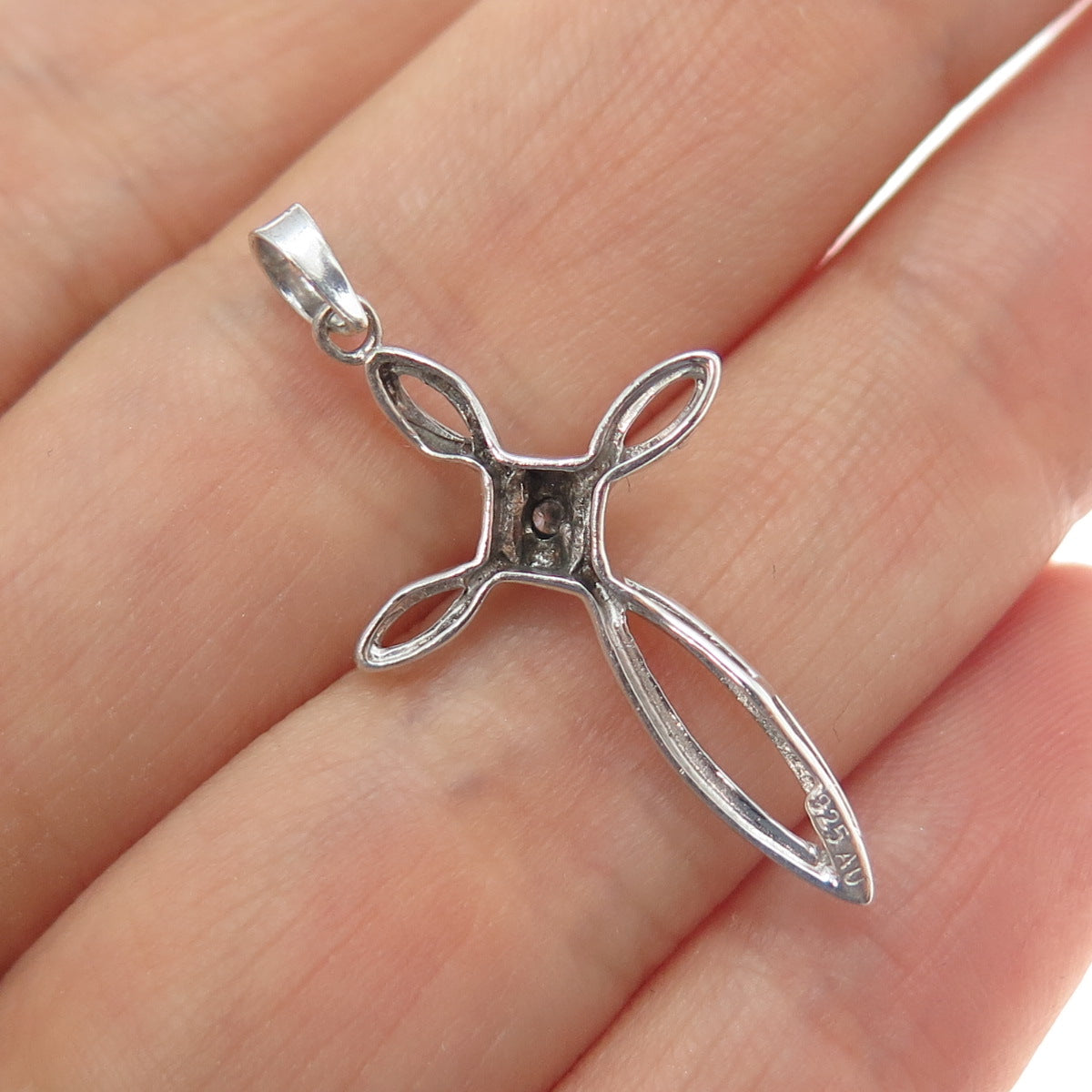 925 Sterling Silver Real Round-Cut Diamond Cross Charm Pendant