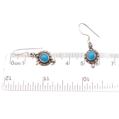 925 Sterling Silver Vintage Real Turquoise Beaded Oxidized Dangle Earrings