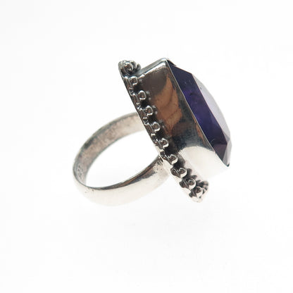925 Sterling Silver Vintage Real Amethyst Beaded Oxidized Ring Size 5.75
