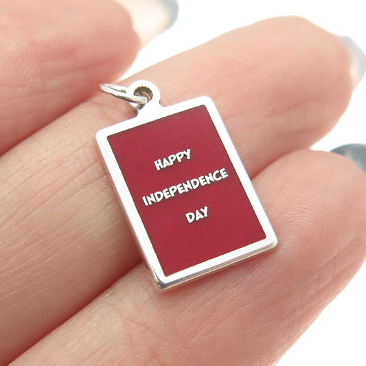 925 Sterling Silver Red Enamel "Happy Independence Day" Minimalist Charm Pendant