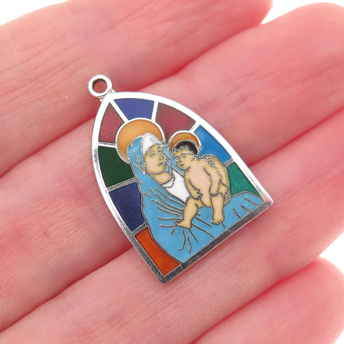 Griffith & Sons 925 Sterling Silver Vintage Enamel St. Mary Jesus Charm Pendant