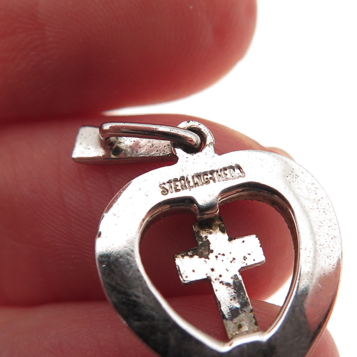 Theda Sterling Silver Antique Art Deco Real Marcasite Cross Heart Charm Pendant