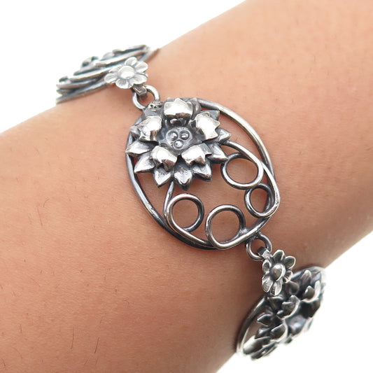 925 Sterling Silver Antique Art Deco Flower Oxidized Panel Link Bracelet 7.5"
