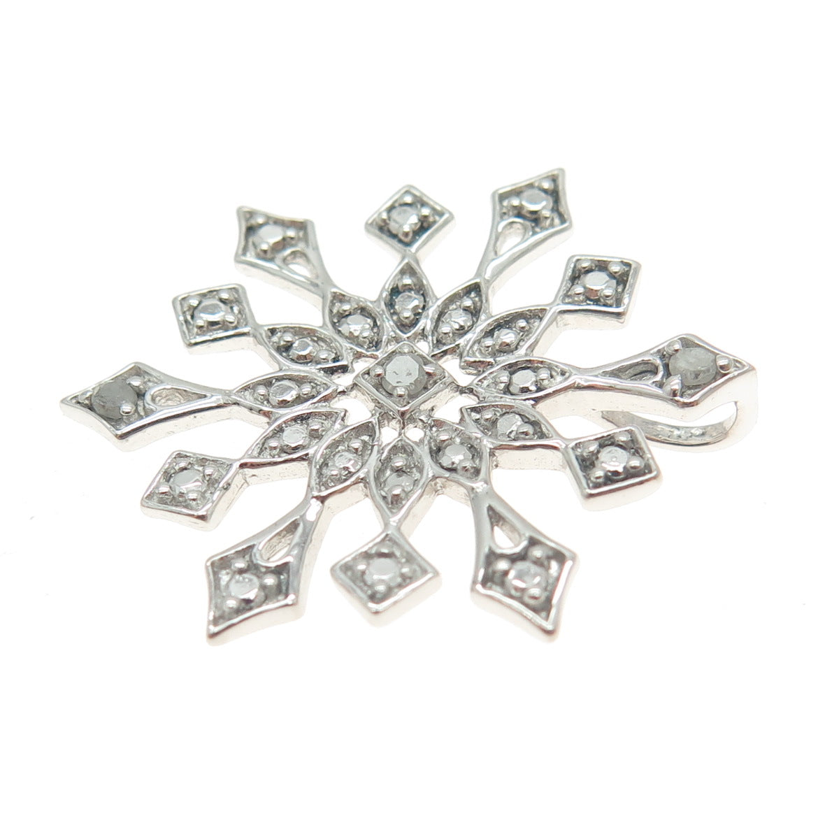 925 Sterling Silver Real Round-Cut Diamond Snowflake Pendant