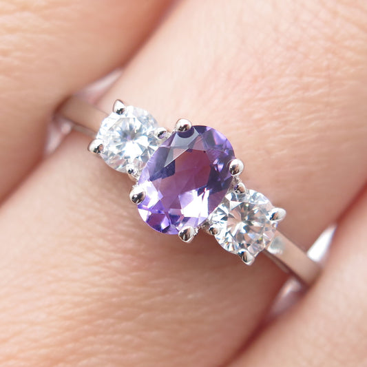 925 Sterling Silver Real Oval-Cut Amethyst Gem & Round-Cut C Z Ring Size 9.25
