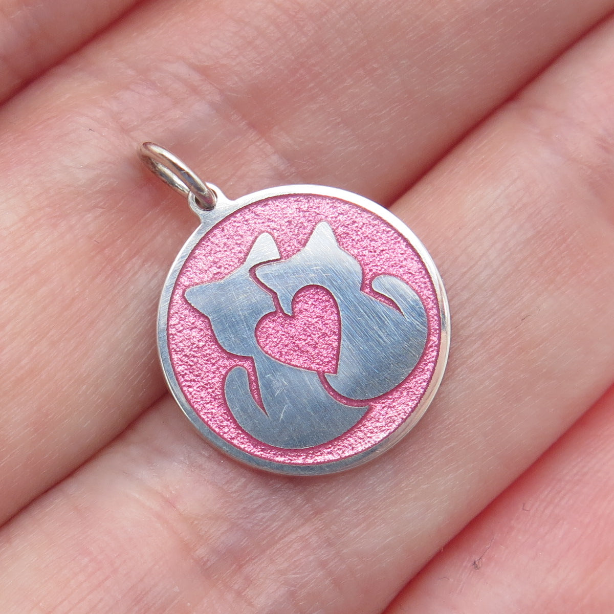925 Sterling Silver Pink Enamel Couple of Cats Love Minimalist Charm Pendant