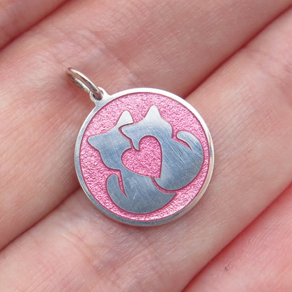 925 Sterling Silver Pink Enamel Couple of Cats Love Minimalist Charm Pendant
