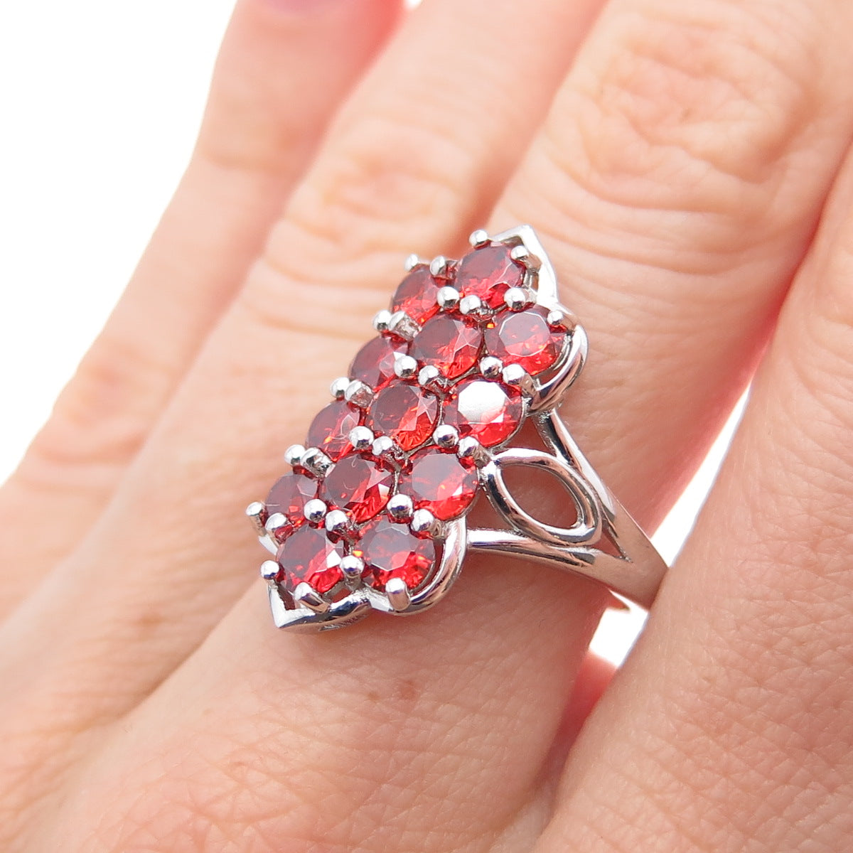 925 Sterling Silver Real Spessartine Garnet Cluster Ring Size 7